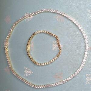 Rhinestone Crystal Tennis Necklace & Bracelet Set Gold Tone 18" Princess Length